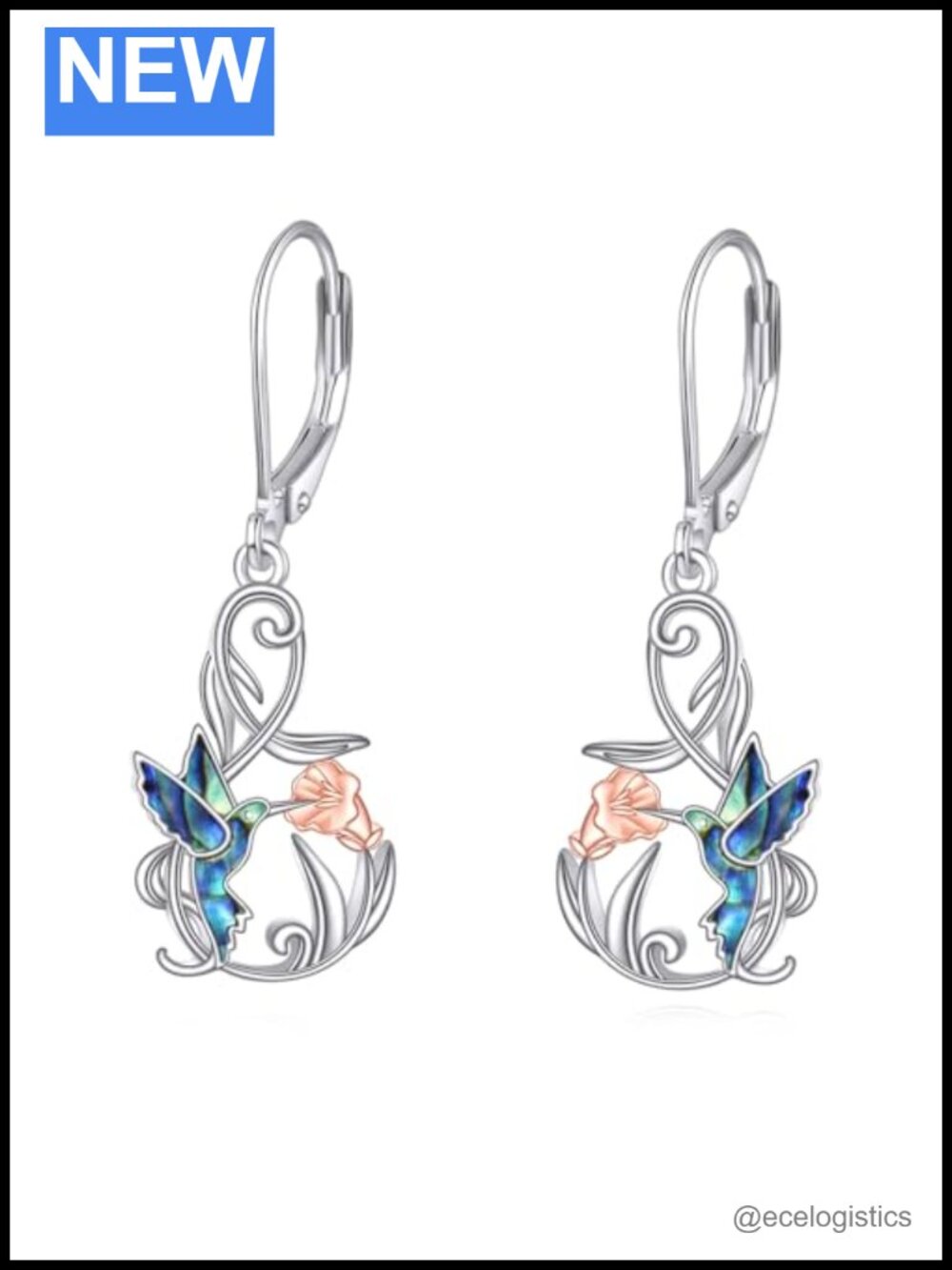 Sterling Silver Hummingbird Dangle Earrings Abalone Inlay Drop Earrings